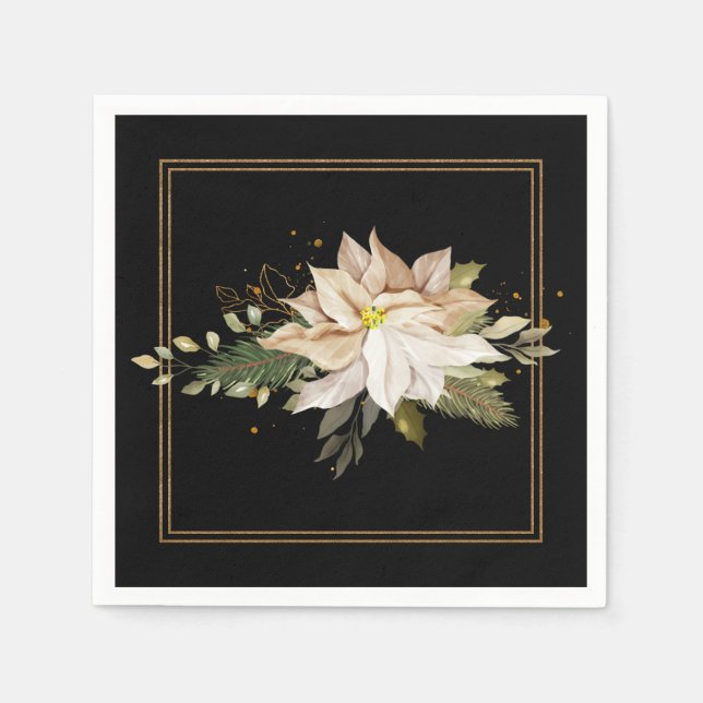Serviette En Papier Poinsettias Blanches et Feuilles de Parties scinti (Devant)
