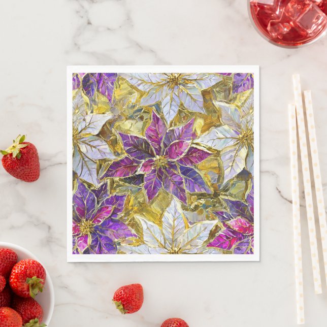 Serviette En Papier Poinsettias de Noël blanc or violet rose (En situation)