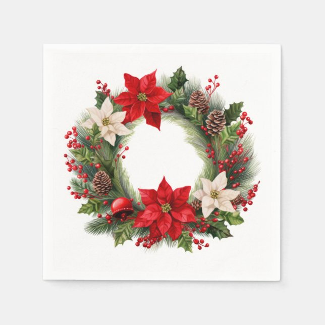 Serviette En Papier Poinsettias de Noël et Holly (Devant)