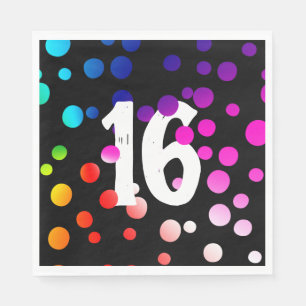 Serviette En Papier Points arc-en-ciel du 16e anniversaire en noir