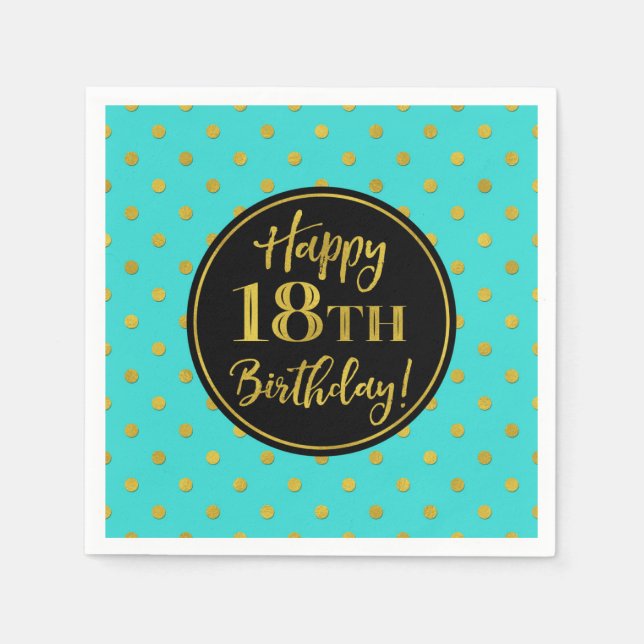 Serviette En Papier Points d'or noir turquoise 18e anniversaire (Devant)