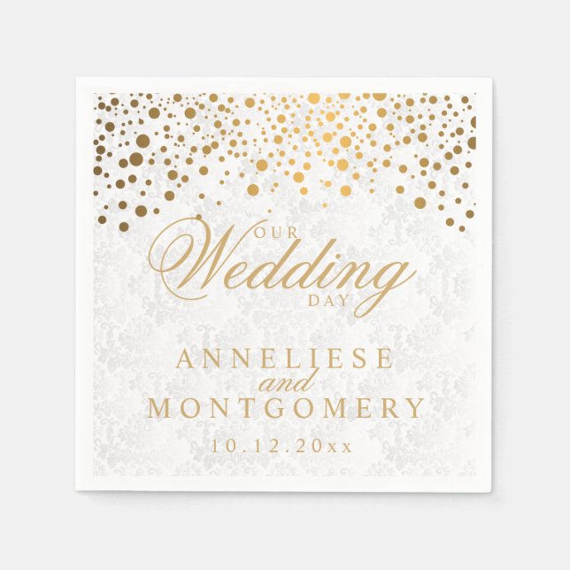 Serviette En Papier Points Or Confetti Design Notre Jour De Mariage (Devant)