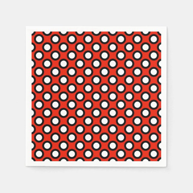 Serviette En Papier Points tournés rétros, rouge, noir et blanc (Devant)