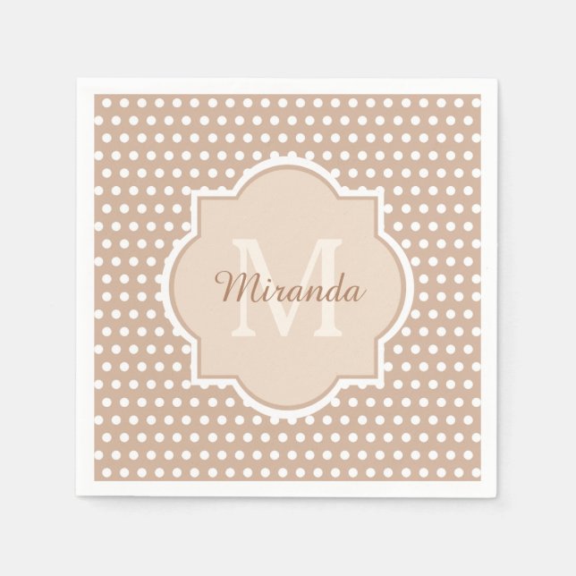 Serviette En Papier Pois Tan Modernes avec Monogramme et Nom (Devant)
