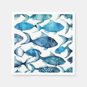 Serviette En Papier Poisson bleu océan   Fête de plage côtière nautiqu