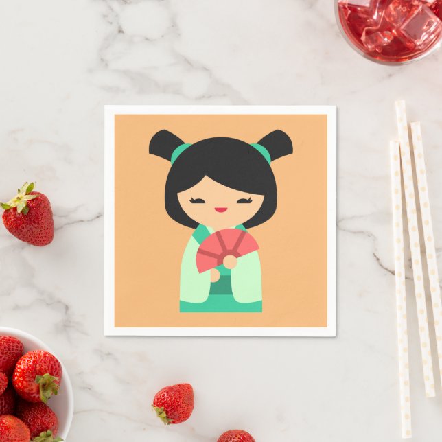 Serviette En Papier Poisson rose Kokeshi Poupées japonaises (En situation)