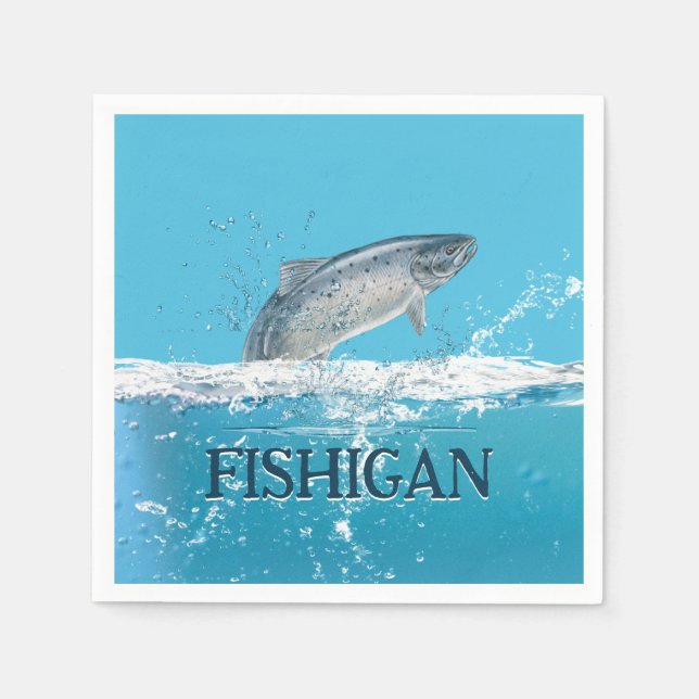 Serviette En Papier Poisson saumon Dans L'Eau Avec Michigan Texte (Devant)