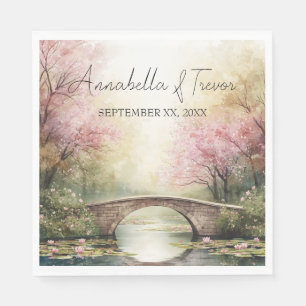 Serviette En Papier Pont et Fleurs Romantiques à l'Aquarelle Nom Perso