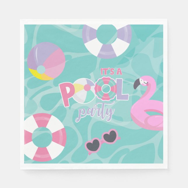 Serviette En Papier Pool party Fille rose et violet Anniversaire (Devant)