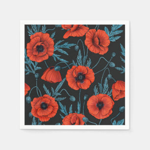 Serviette En Papier Poppies, rouge et bleu sur noir