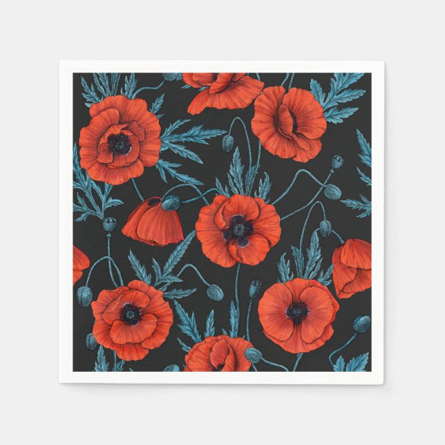 Serviette En Papier Poppies, rouge et bleu sur noir (Devant)