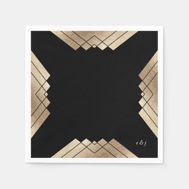 Serviette En Papier Porte d'or noir géométrique Mariage Table (Devant)