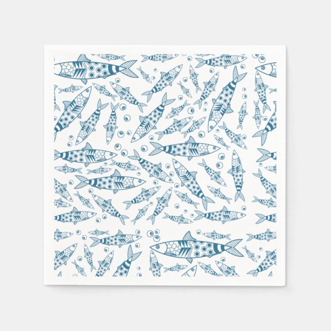 Serviette En Papier Portugais Lisbonne Sardines Motif Azulejos Blanc (Devant)