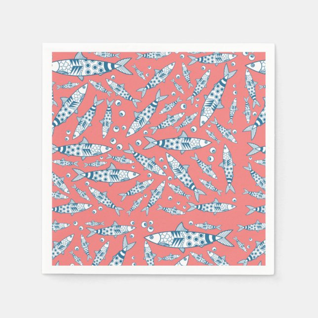 Serviette En Papier Portugais Lisbonne Sardines Motif Azulejos rose (Devant)