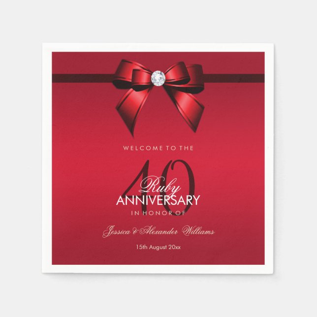 Serviette En Papier Posh Gem Bow & Ribbon 40e anniversaire de Mariage (Devant)