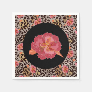 Serviette En Papier Poster de animal léopard et fleurs roses sur noir