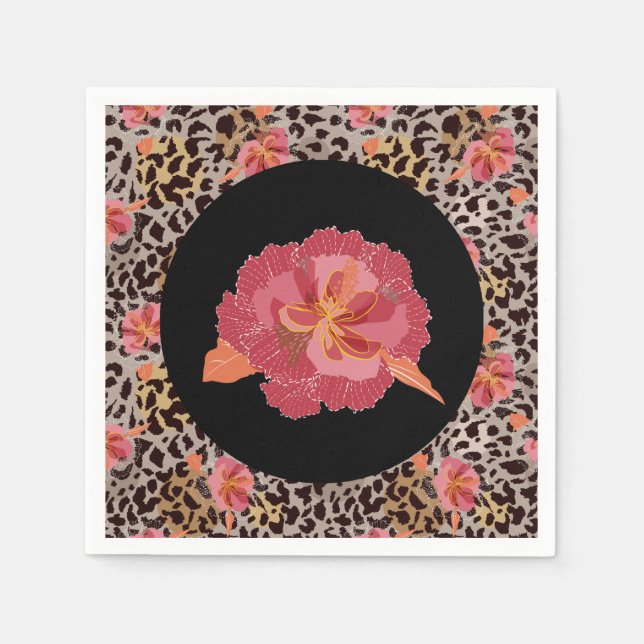 Serviette En Papier Poster de animal léopard et fleurs roses sur noir (Devant)