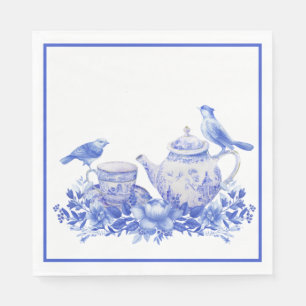 Serviette En Papier Pot à thé floral bleu et blanc avec oiseaux
