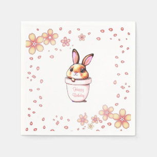Serviette En Papier Pot de fleurs de lapin d'anniversaire sur fond bla