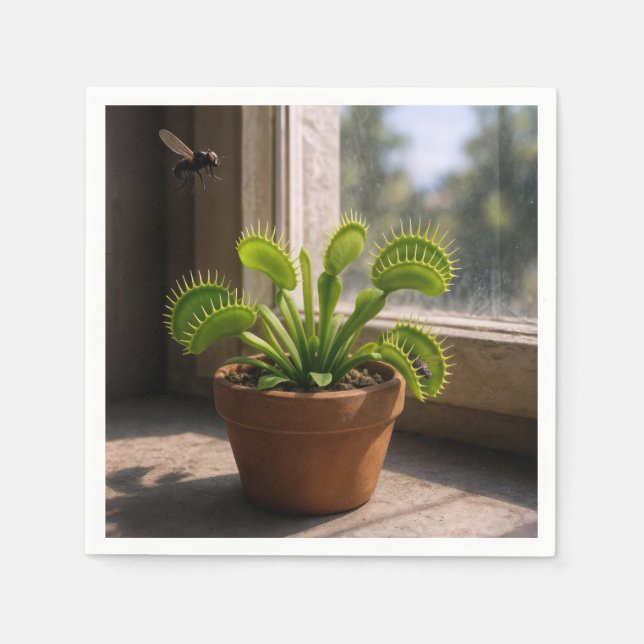 Serviette En Papier Potted Venus Flytrap Plant With Flies (Devant)