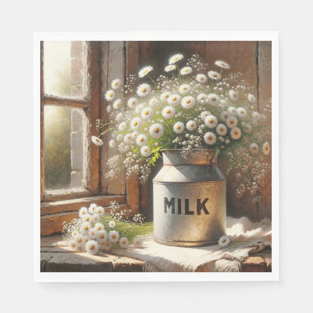 Serviette En Papier Poubelle De Lait À L'Ancienne Avec Bouquet De Marg (Devant)