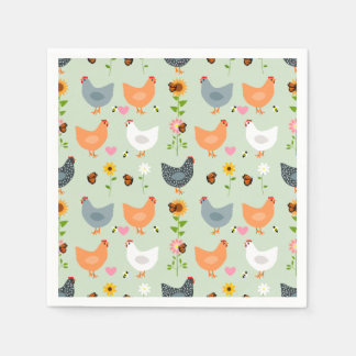 Serviette En Papier Poulets dans le jardin avec fleurs, vert