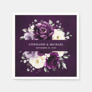 Serviette En Papier Poupée d'aubergine Plum Ivory Blanc Floral Mariage