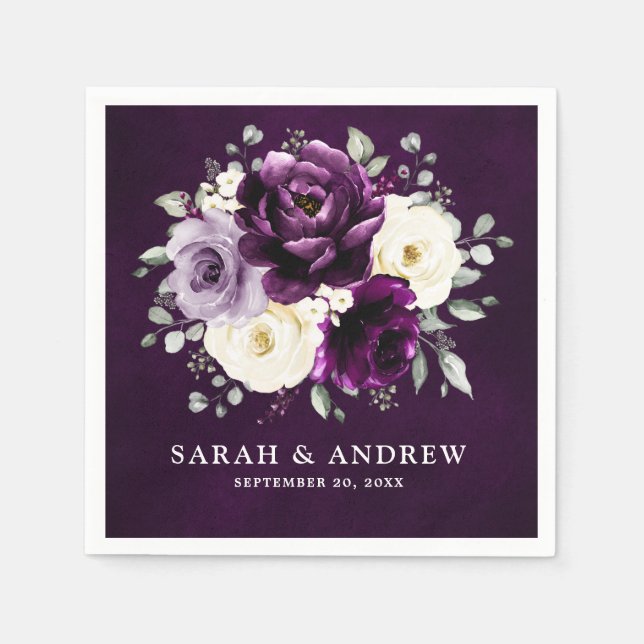 Serviette En Papier Poupée d'aubergine Plum Ivory Blanc Floral Mariage (Devant)