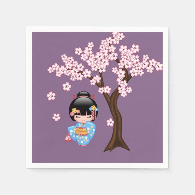 Serviette En Papier Poupée Maiko Kokeshi - Blue Kimono Geisha Girl (Devant)