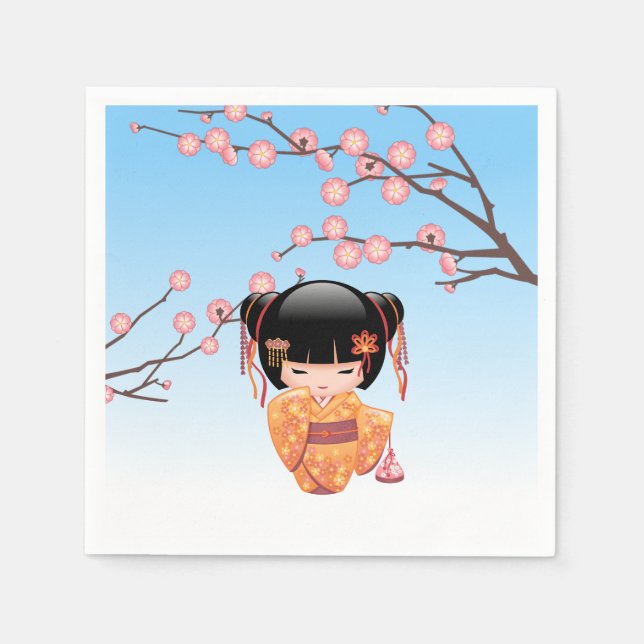Serviette En Papier Poupée Ume Kokeshi - Japonaise Geisha Girl Blue (Devant)
