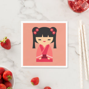 Serviette En Papier Poupées japonaises de Kokeshi rose