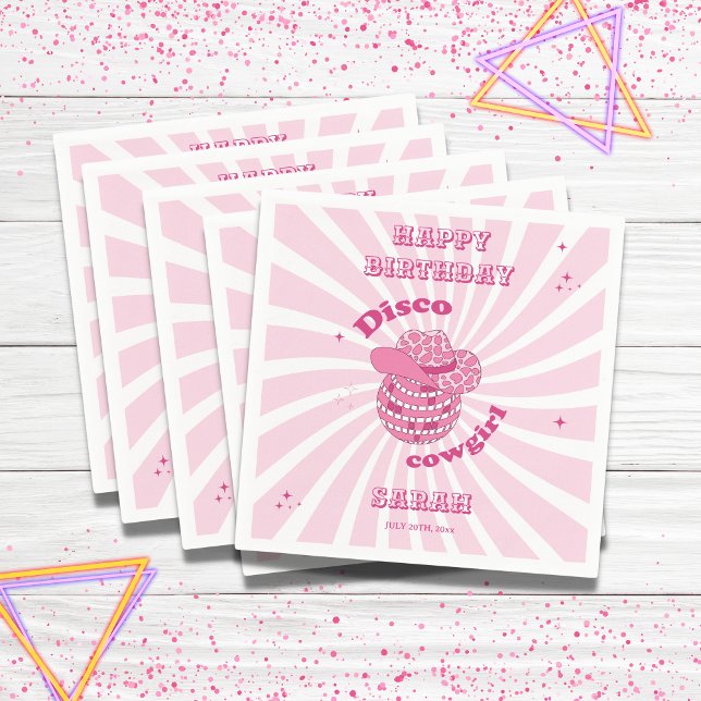Serviette en papier pour fête d'anniversaire Disco (Disco Cowgirl Napkin with name and date, pink)