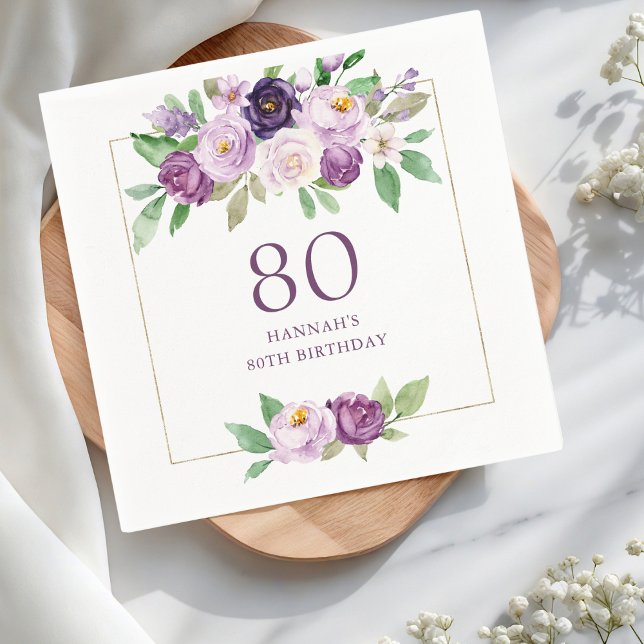 Serviette En Papier Pourpre | Violet Floral 80e anniversaire (Créateur téléchargé)