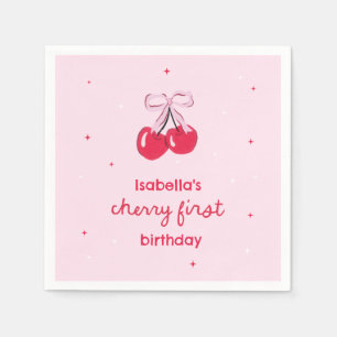 Serviette En Papier Premier anniversaire de Cerise avec un nœud rose c