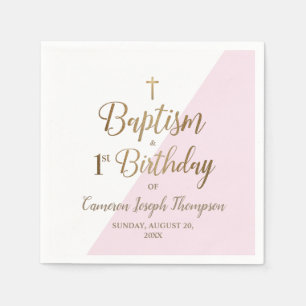 Serviette En Papier Premier anniversaire et baptême Croix d'or rose bl