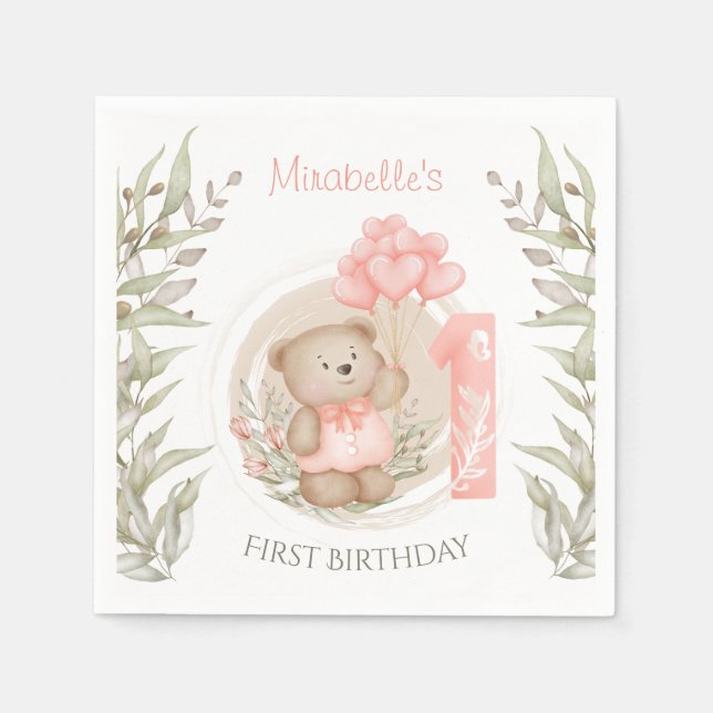 Serviette En Papier Premier Anniversaire Mignonne Teddy Ours Ballons C (Devant)