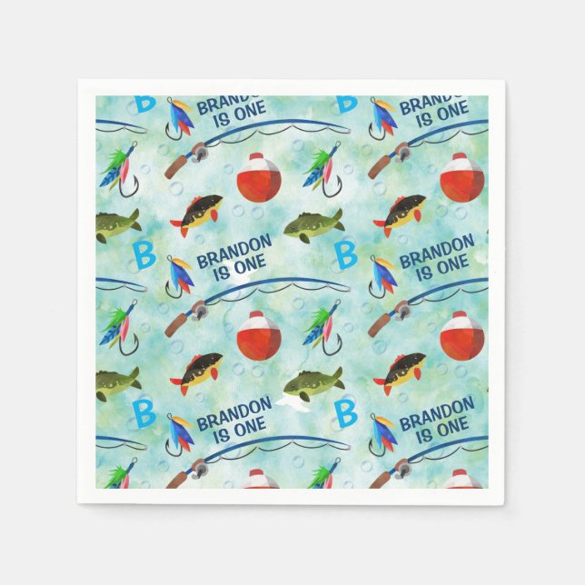 Serviette En Papier Premier anniversaire Petit pêcheur thème pêche (Devant)