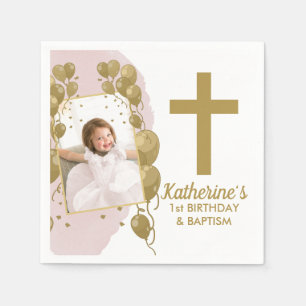 Serviette En Papier Premier Baptême d'anniversaire Ballons d'or rose 