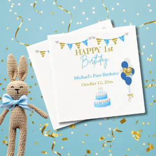 Serviette En Papier Première année garçon bleu or ballons gâteau 