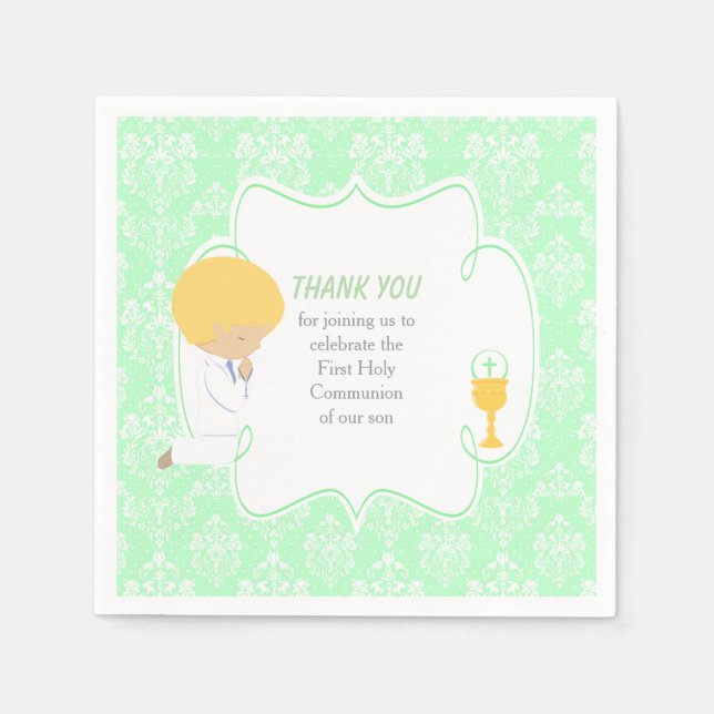 Serviette En Papier Première Communion Blonde Boy Green Damask (Devant)