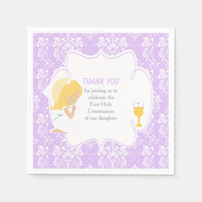 Serviette En Papier Première Communion Blonde Girl Purple Damask (Devant)