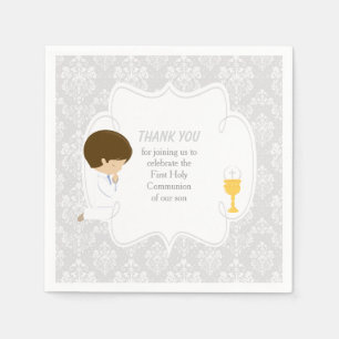 Serviette En Papier Première Communion Brunette Boy Argent Damask