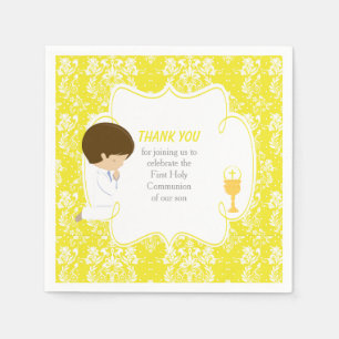 Serviette En Papier Première Communion Brunette Boy Yellow Damask