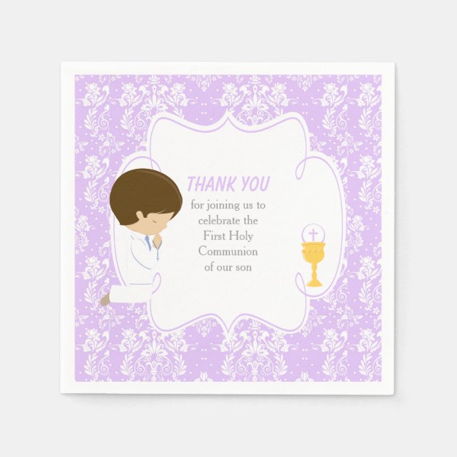Serviette En Papier Première Communion Brunette Garçon Purple Damask (Devant)