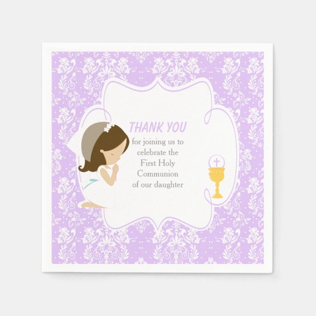 Serviette En Papier Première Communion Brunette Girl Purple Damask (Devant)