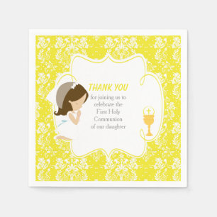 Serviette En Papier Première Communion Brunette Girl Yellow Damask