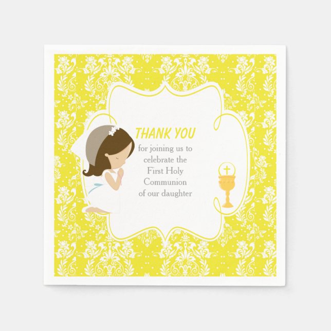 Serviette En Papier Première Communion Brunette Girl Yellow Damask (Devant)