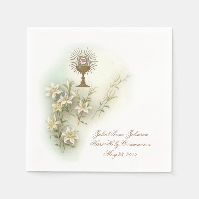 Serviette En Papier Première Communion Catholique Chalice Hôte Lys (Devant)