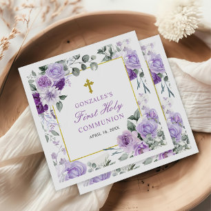 Serviette En Papier Première communion de fille florale violette