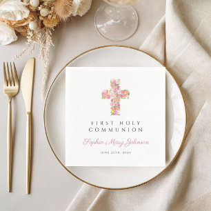 Serviette En Papier Première communion élégante croix florale rose